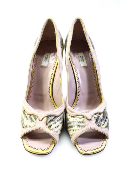 Prada Womens Lizard Skin Suede Slip On Peep Toe Pumps Pink Gold Size 39 9