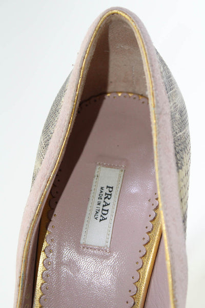 Prada Womens Lizard Skin Suede Slip On Peep Toe Pumps Pink Gold Size 39 9