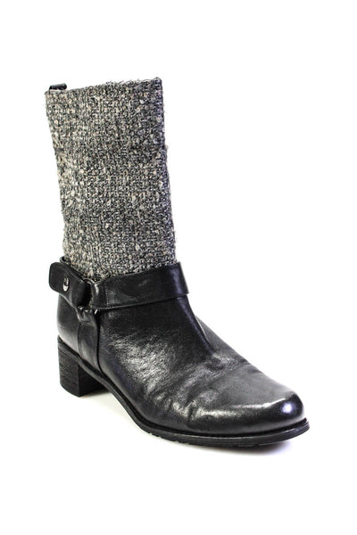 Stuart Weitzman Womens Slip On Tweed Mid Calf Boots Black Gray Leather Size 10