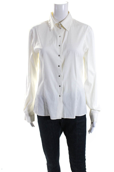 Celine Womens Cotton Collared Snap Front Long Sleeve Blouse Top White Size 38