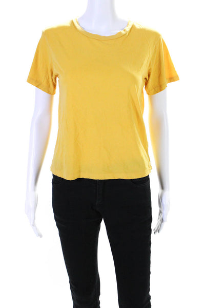 Amo Womens Distressed Jersey Crew Neck Short Sleeve T-Shirt Tee Yellow Size XS