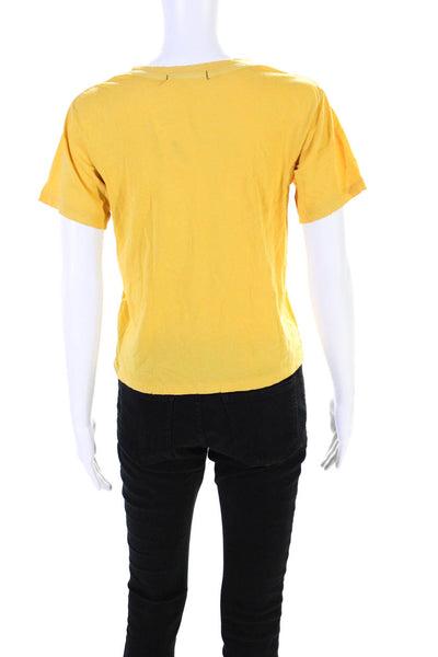 Amo Womens Distressed Jersey Crew Neck Short Sleeve T-Shirt Tee Yellow Size XS