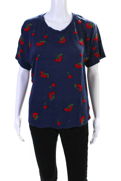 Bannerday Womens Linen Cherry Embroidered Short Sleeve Tee T-Shirt Navy Size 1