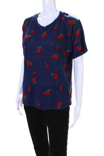 Bannerday Womens Linen Cherry Embroidered Short Sleeve Tee T-Shirt Navy Size 1