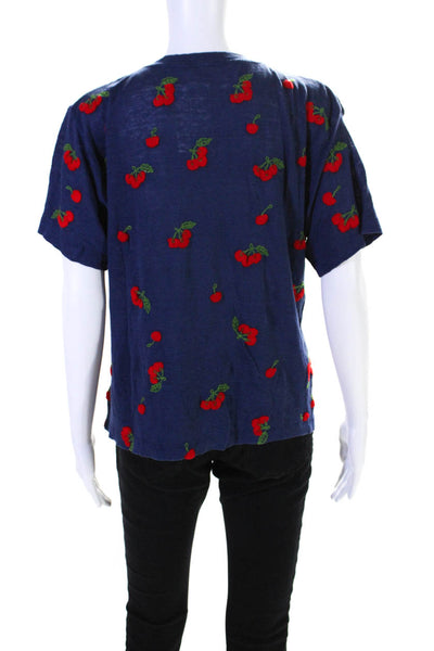 Bannerday Womens Linen Cherry Embroidered Short Sleeve Tee T-Shirt Navy Size 1