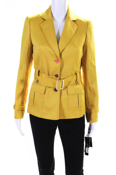 Tahari Womens Lined Three Button Belted Notched Collar Jacket Gold Size 2