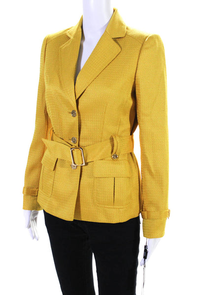 Tahari Womens Lined Three Button Belted Notched Collar Jacket Gold Size 2