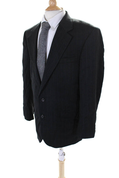 Oscar de la Renta Mens Striped Two Button Blazer Jacket Black Wool Size 42 Regul