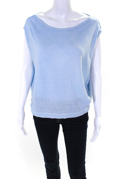 Sunday Tropez Womens Short Sleeve Scoop Neck Linen Tee Shirt Blue Size Small