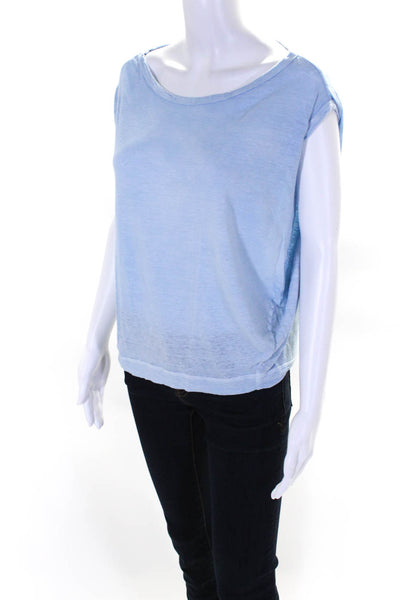 Sunday Tropez Womens Short Sleeve Scoop Neck Linen Tee Shirt Blue Size Small