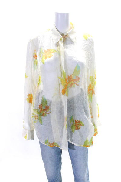 Savannah Morrow Womens Silk Floral Print Button Down Shirt White Size Small