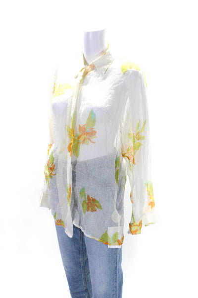 Savannah Morrow Womens Silk Floral Print Button Down Shirt White Size Small