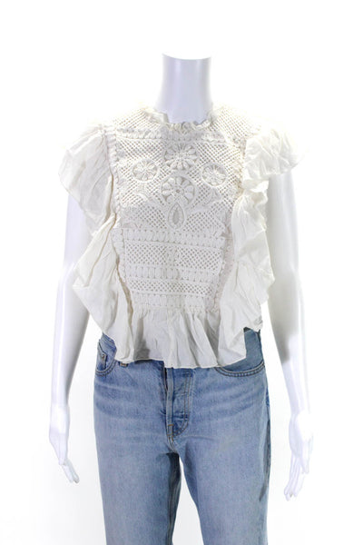 Joie Womens Cotton Embroidered Textured Ruffled Pullover Blouse Top White Size L