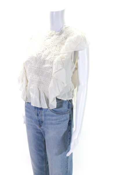 Joie Womens Cotton Embroidered Textured Ruffled Pullover Blouse Top White Size L