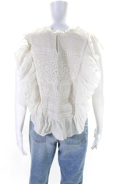 Joie Womens Cotton Embroidered Textured Ruffled Pullover Blouse Top White Size L