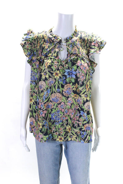 Current Air Womens Floral Tied V-Neck Ruffled Short Sleeve Blouse Green Size M