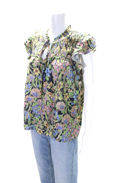 Current Air Womens Floral Tied V-Neck Ruffled Short Sleeve Blouse Green Size M