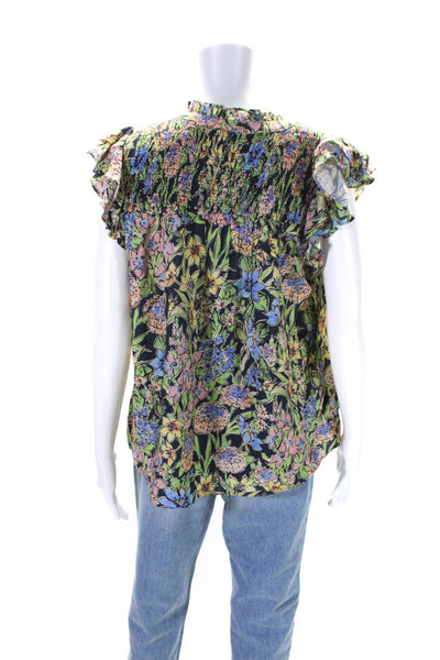 Current Air Womens Floral Tied V-Neck Ruffled Short Sleeve Blouse Green Size M