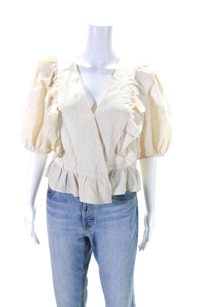 FRNCH Womens Cotton V-Neck Snapped Buttoned Ruffled Blouse Top Beige Size M