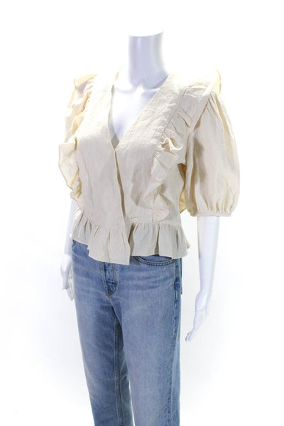 FRNCH Womens Cotton V-Neck Snapped Buttoned Ruffled Blouse Top Beige Size M