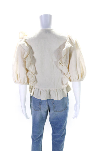 FRNCH Womens Cotton V-Neck Snapped Buttoned Ruffled Blouse Top Beige Size M