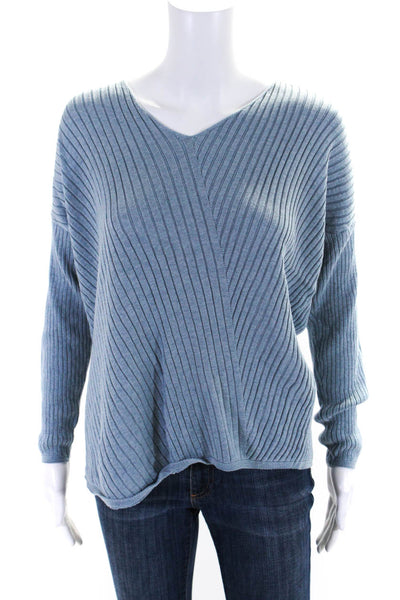 Eileen Fisher Womens Ribbed Knit V-Neck Long Sleeve Sweater Top Blue Size M