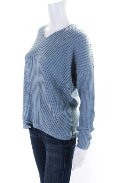 Eileen Fisher Womens Ribbed Knit V-Neck Long Sleeve Sweater Top Blue Size M