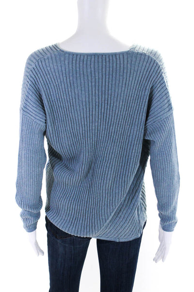 Eileen Fisher Womens Ribbed Knit V-Neck Long Sleeve Sweater Top Blue Size M