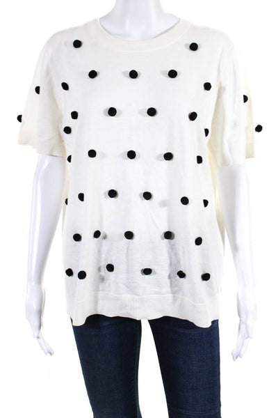 Kate Spade New York Womens White Cotton Pom-Pom Crew Neck Blouse Top Size XL