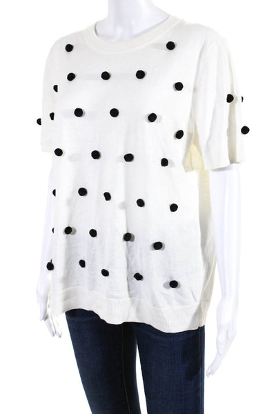 Kate Spade New York Womens White Cotton Pom-Pom Crew Neck Blouse Top Size XL