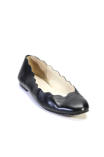 FS/NY Womens Leather Scalloped Slip On Flat Heel Ballet Flats Black Size 8.5US