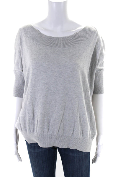 Cabi Womens Cotton Ribbed Round Neck Batwing Sleeve Pullover Top Gray Size S