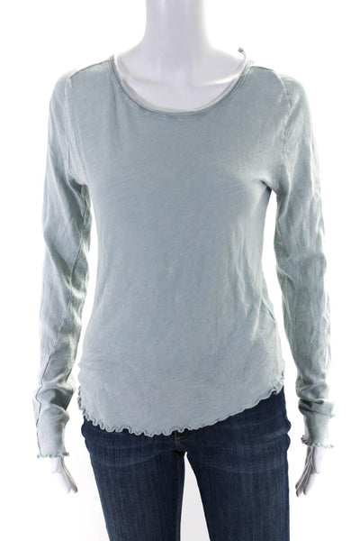 We The Free Womens Round Neck Long Sleeve Curled Hem Pullover Top Blue Size L