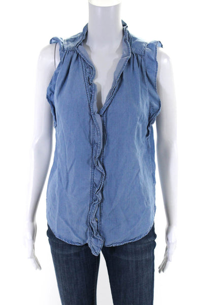 KUT from the Kloth Womens V-Neck Ruffled Buttoned Sleeveless Blouse Blue Size S