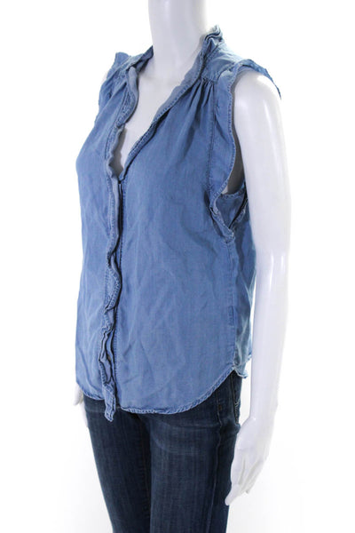 KUT from the Kloth Womens V-Neck Ruffled Buttoned Sleeveless Blouse Blue Size S