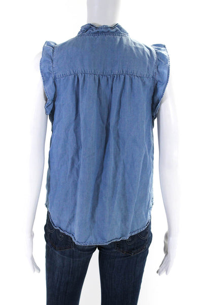 KUT from the Kloth Womens V-Neck Ruffled Buttoned Sleeveless Blouse Blue Size S