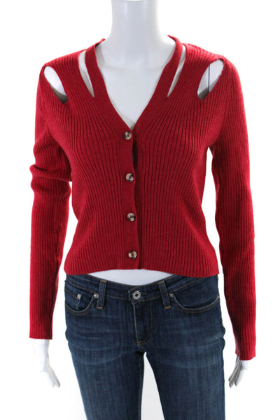 Anthropologie Womens Textured Ribbed Buttoned Cold Shoulder Cardigan Red Size S