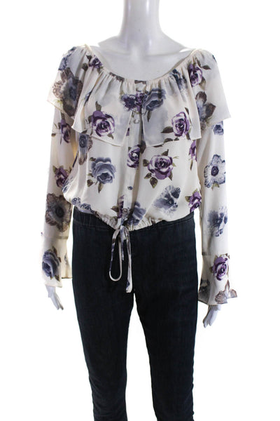 Just One Answer Womens Floral Buttoned Drawstring Ruched Blouse Purple Size M