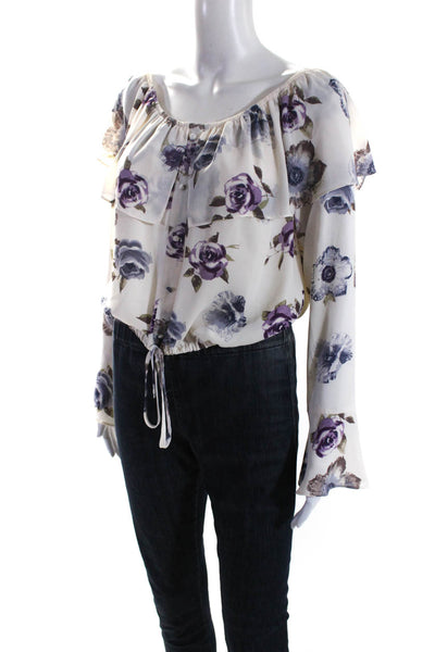 Just One Answer Womens Floral Buttoned Drawstring Ruched Blouse Purple Size M