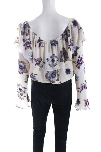 Just One Answer Womens Floral Buttoned Drawstring Ruched Blouse Purple Size M