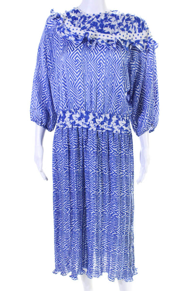 Diane Fres Womens Geometric Print Smocked Pleated Ruffle Midi Dress Blue Size M