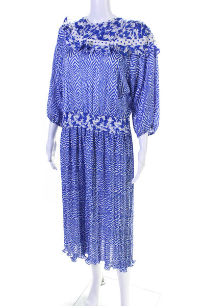 Diane Fres Womens Geometric Print Smocked Pleated Ruffle Midi Dress Blue Size M