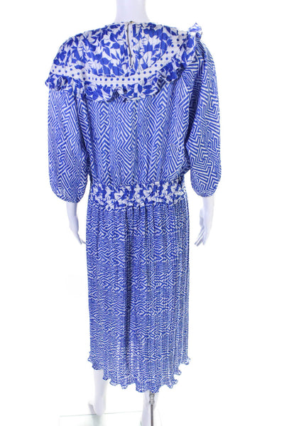 Diane Fres Womens Geometric Print Smocked Pleated Ruffle Midi Dress Blue Size M