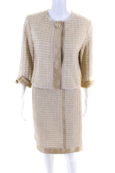 Sara Campbell Womens Tweed Button Down Skirt Suit Beige Gold Cotton Size 8