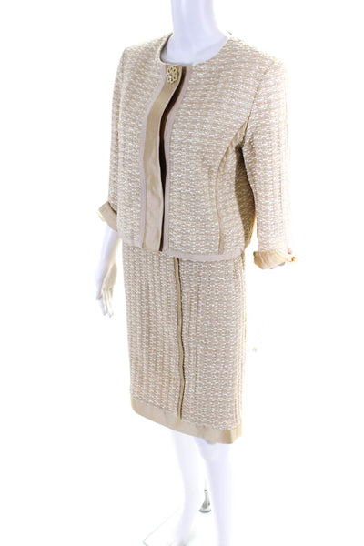 Sara Campbell Womens Tweed Button Down Skirt Suit Beige Gold Cotton Size 8