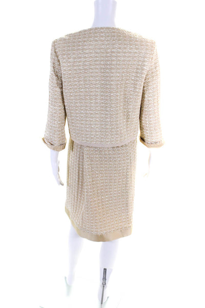 Sara Campbell Womens Tweed Button Down Skirt Suit Beige Gold Cotton Size 8