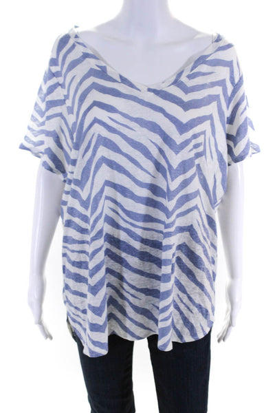 Tahari Womens Linen Animal Print Short Sleeves V Neck Tee Shirt White Blue Size