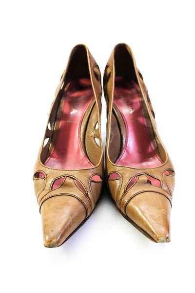 Prada Womens Stiletto Laser Cut Pointed Toe Pumps Brown Leather Size 36