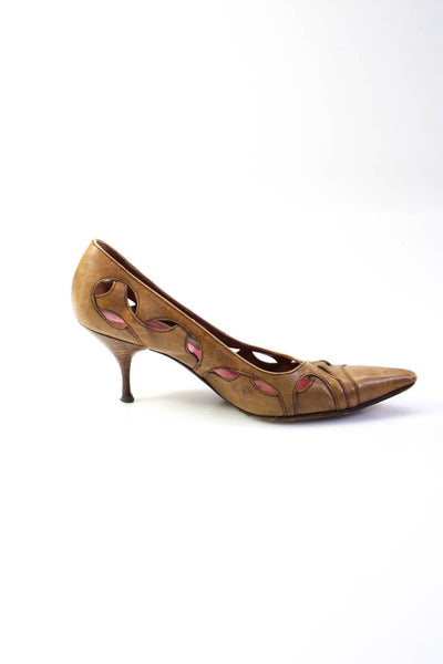 Prada Womens Stiletto Laser Cut Pointed Toe Pumps Brown Leather Size 36