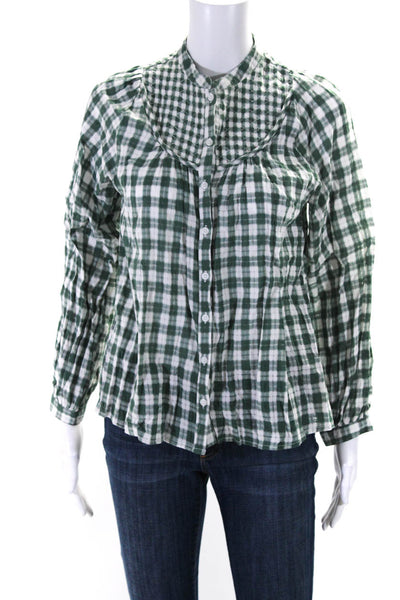 THESHIRT Womens Green Plaid Crew Neck Long Sleeve Button Down Shirt Size XS